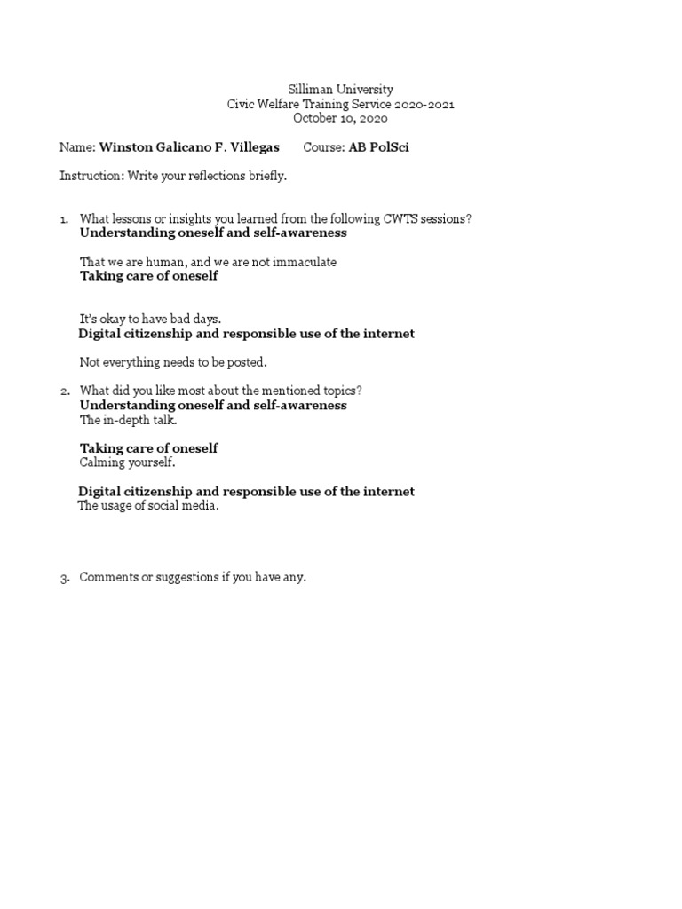 CWTS Reflection Sheet 1 Villegas | PDF