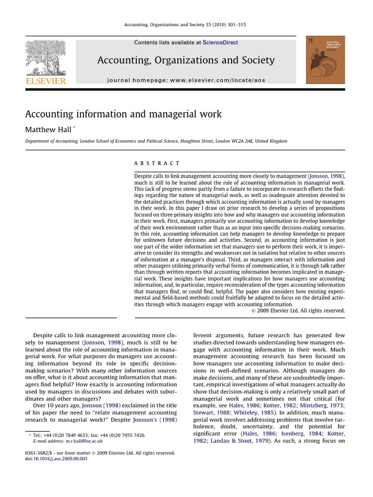 Role of Accounting in Managerial Work | PDF | Information | Accounting