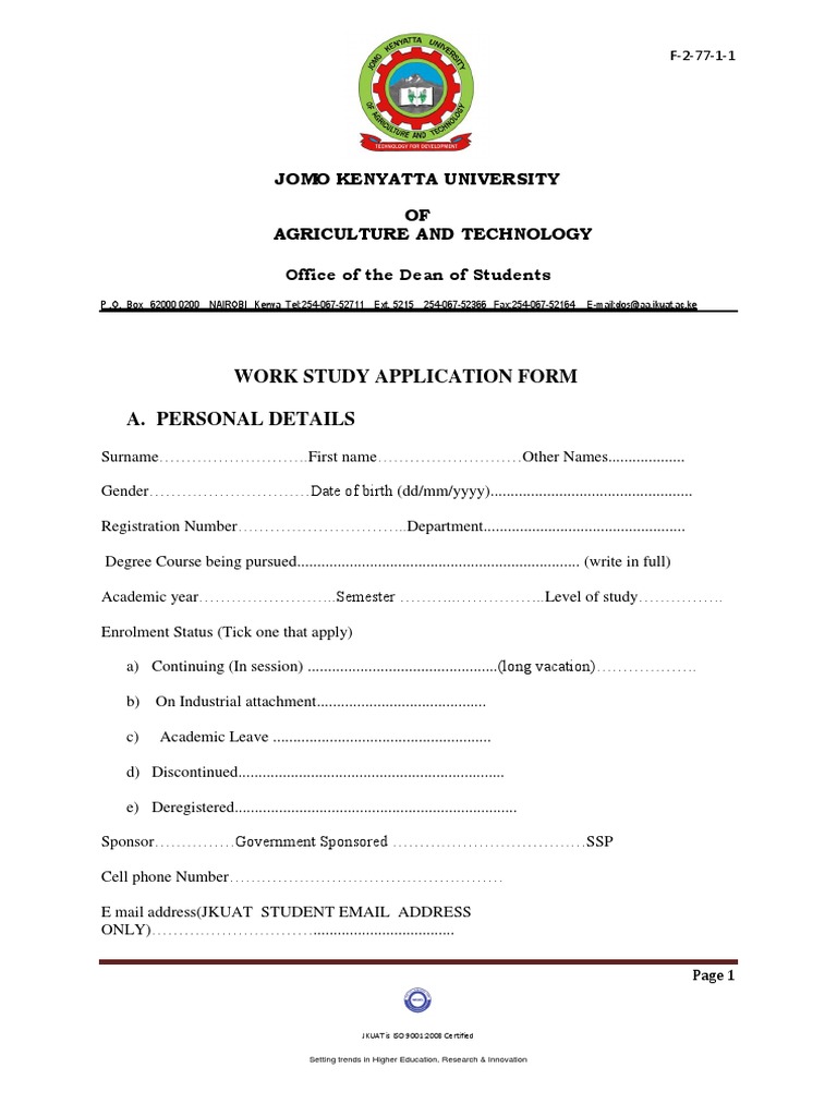 Work Study Application Form PDF Business