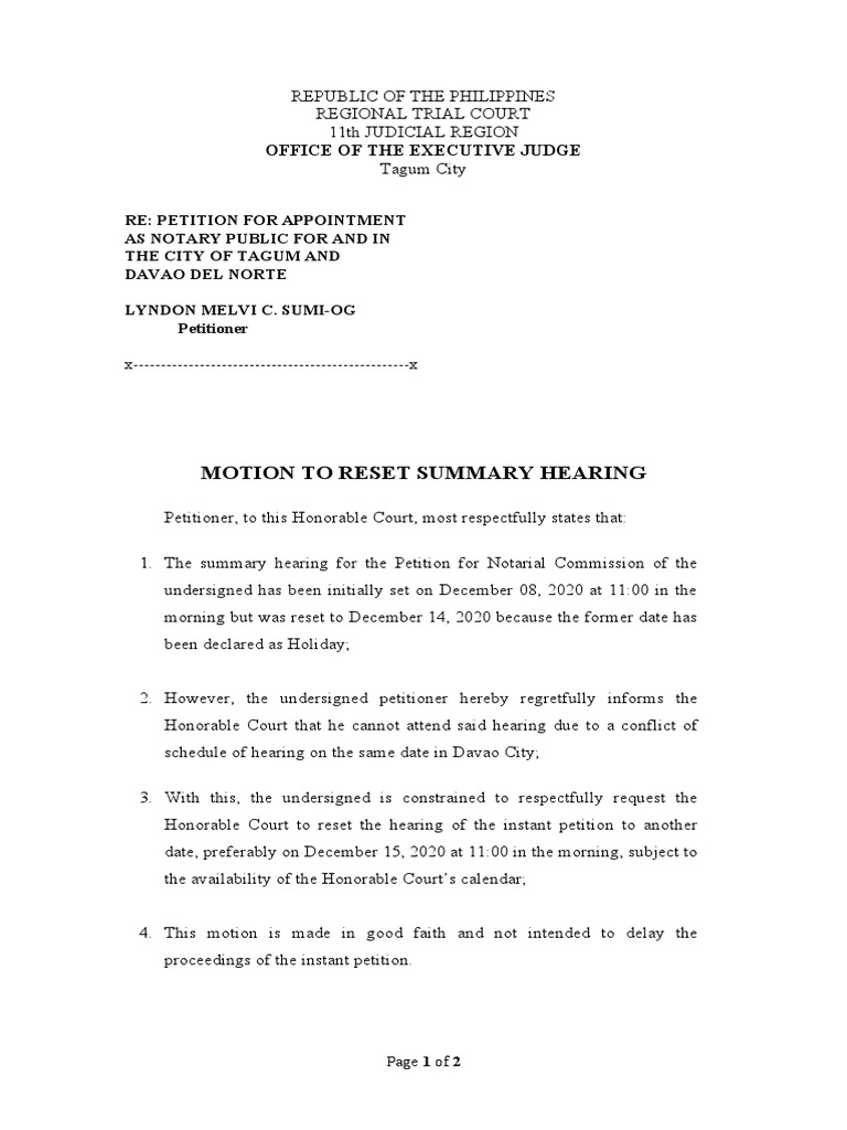 Motion To Reset Hearing | Download Free PDF | Justice | Crime & Violence