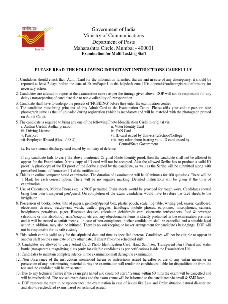 Admit Card Instructions for Exam Candidates | PDF | Identity Document ...