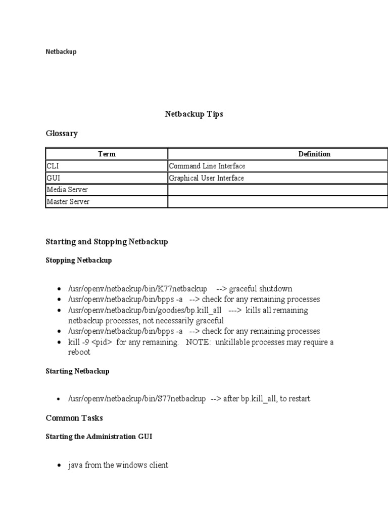 Netbackup Tips Glossary CLI Command Line Interface GUI Graphical User