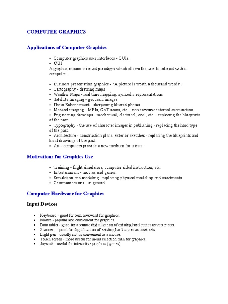 Computer Graphics Applications of Computer Graphics Input Devices PDF
