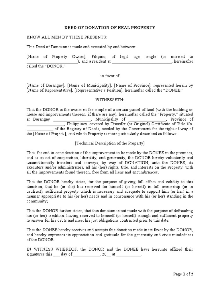 Deed of Donation of Real Property (Form) PDF Title (Property) Deed