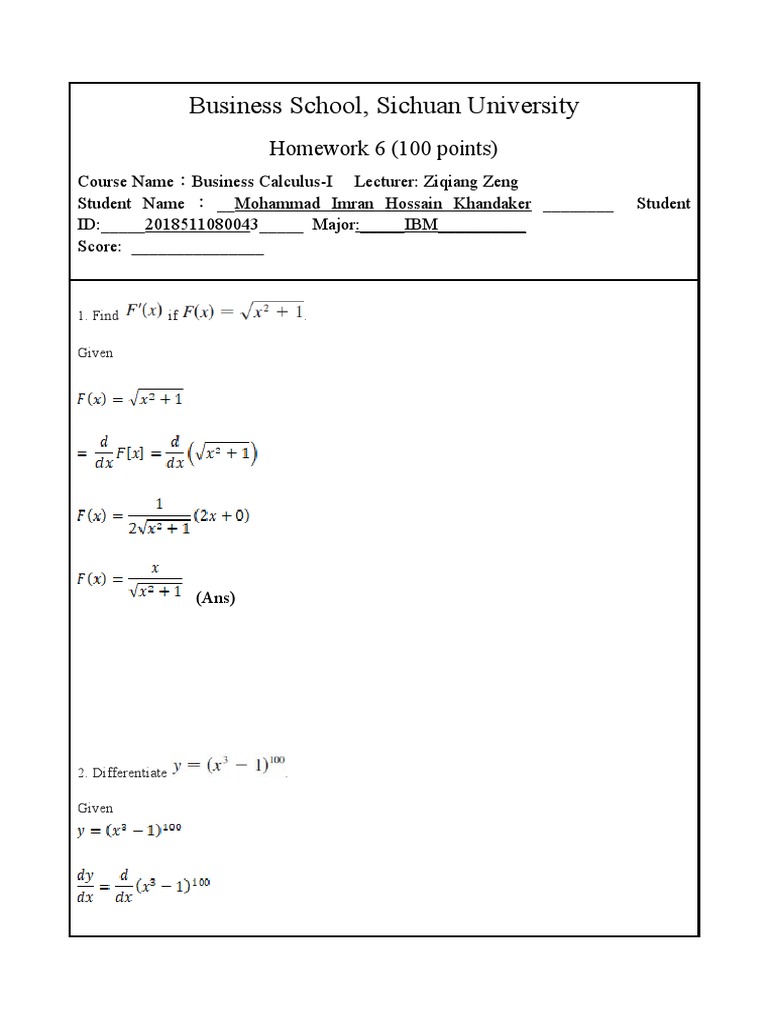 Business Calculus-I Homework 6 | PDF