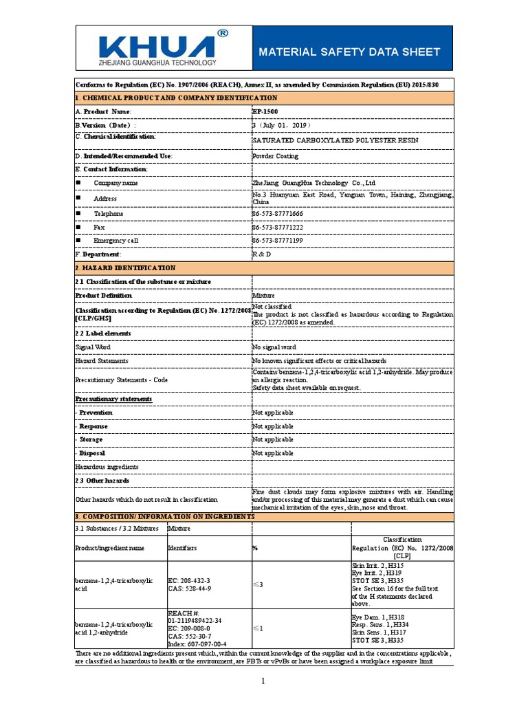 KHUA ® Resin For Epoxy Cure SDSENEP1500 PDF Firefighting Toxicity