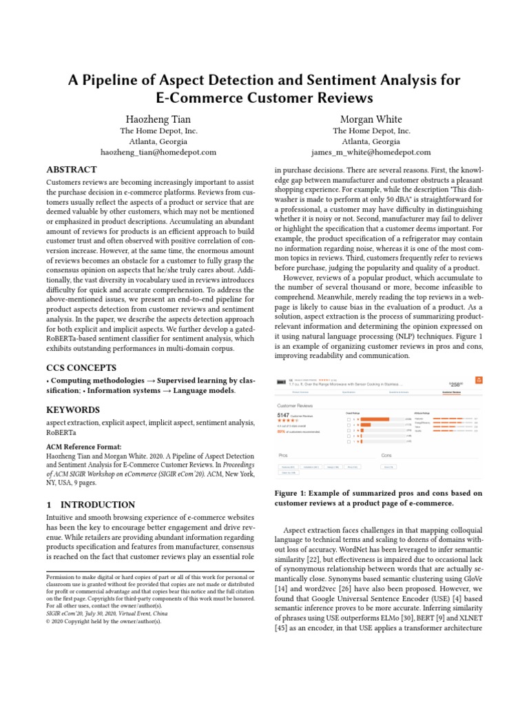2020 A Pipeline of Aspect Detection and Sentiment Analysis For E ...