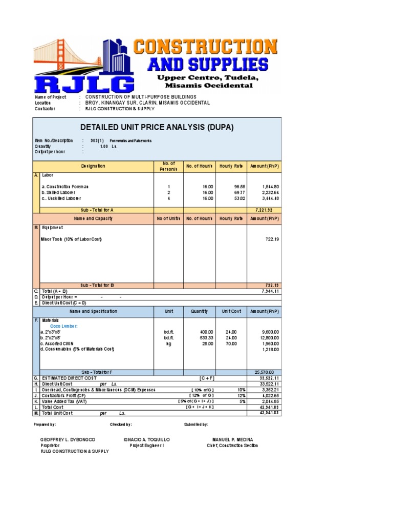 Kinangay Sur Formworks DUPA | Download Free PDF | Cost | Economics