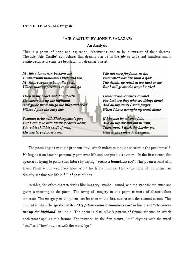 Air Castle Analyzed By Ines D Telan Pdf Rhyme Poetry