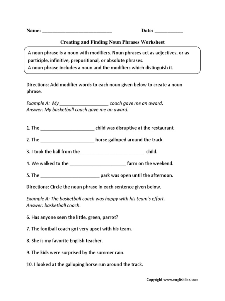 Creating Finding Noun Phrases Worksheet
