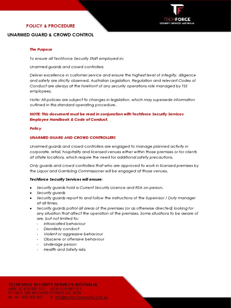 Techforce Unarmed Security Guard And Crowd Control Officer Sops Pdf Security Guard Identity Document