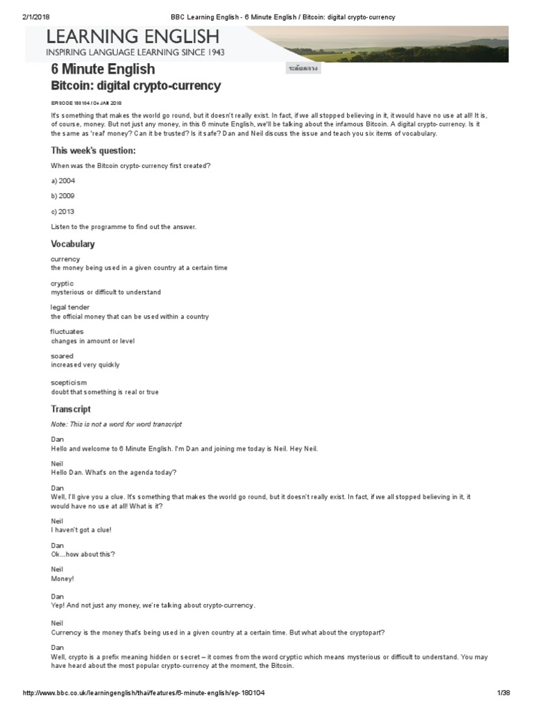 BBC Learning English - 6 Minute English - Bitcoin - Digital Crypto-Currency  | PDF | Cryptocurrency | Currency