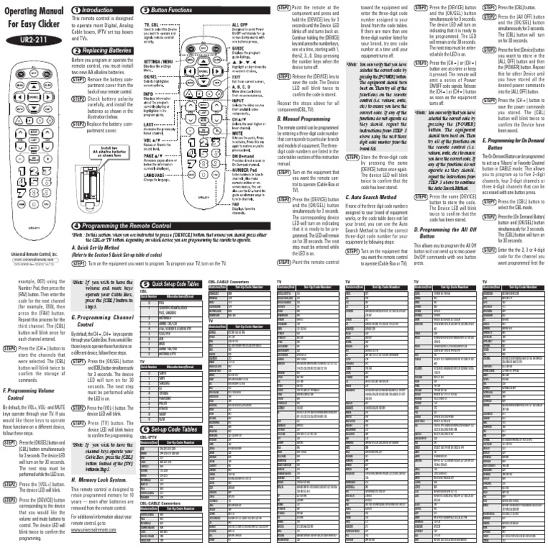 UR2-211 Remote Programming Guide | PDF | Remote Control | Set Top Box