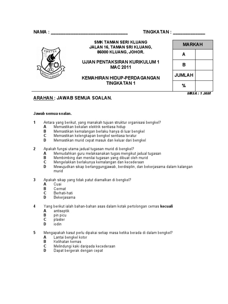 Soalan Kemahiran Hidup Tingkatan 1 Teras Pdf