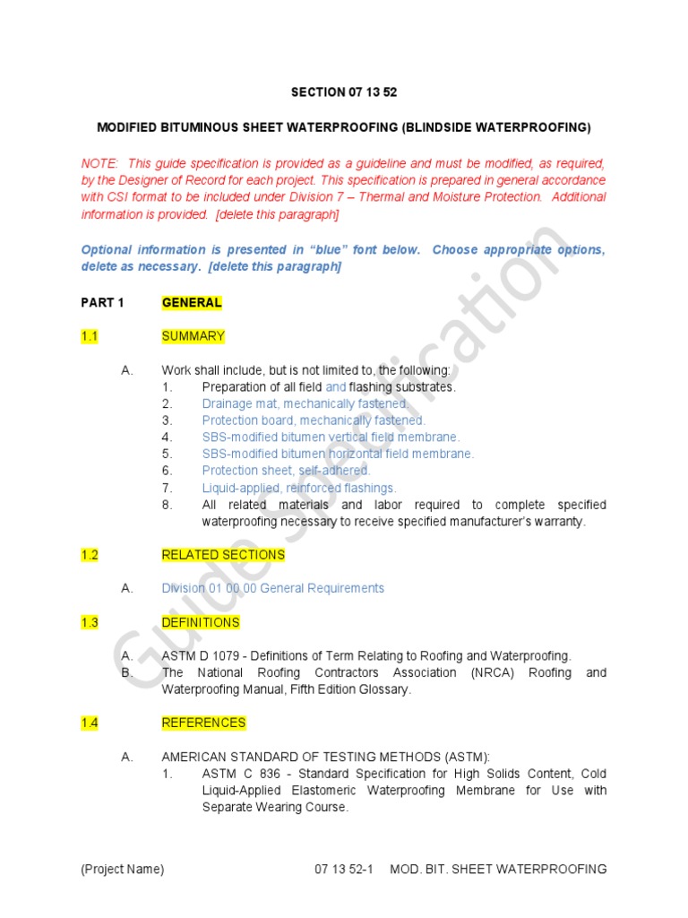 SECTION 07 13 52 Modified Bituminous Sheet Waterproofing (Blindside ...