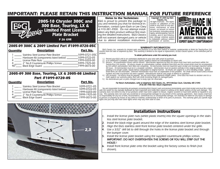 05 Up Chrysler 300 License Plate Installation Manual PDF Business