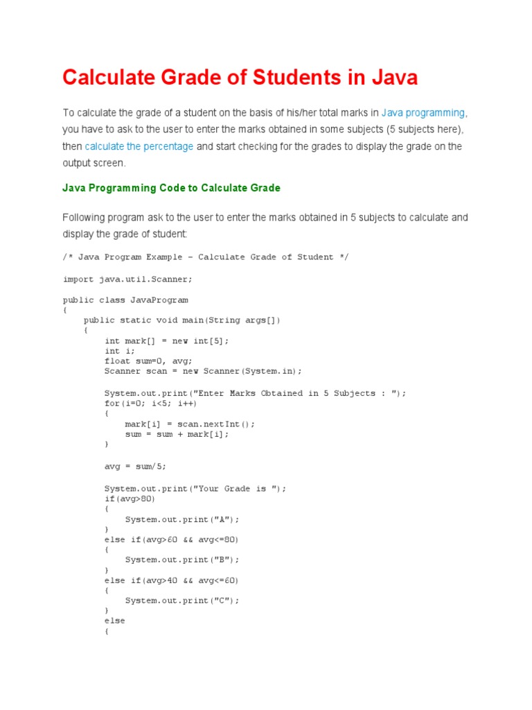 Calculate Grade of Students in Java | PDF