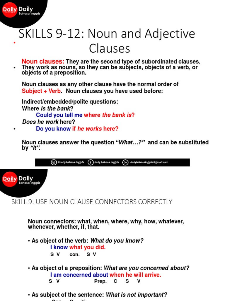 Noun & Adjective Clauses Guide | PDF | Subject (Grammar) | Clause