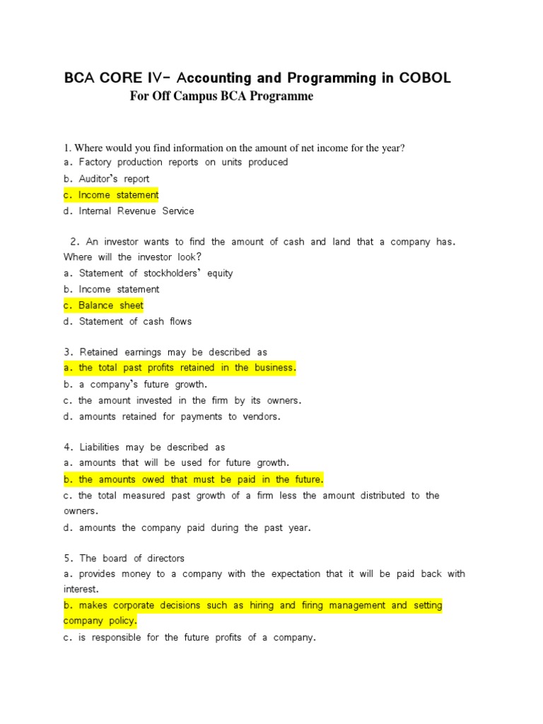 MCQ in Bca-Accounting & Cobol | PDF | Historical Cost | Equity (Finance)