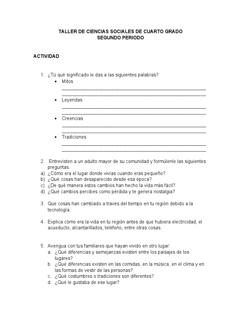 Taller de Ciencias Sociales de Cuarto Grado Segundo Periodo | PDF