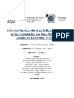 Informe Técnico de La Práctica de Campo en La Comunidad de San Nicolás en Jacala de Ledezma, Hidalgo
