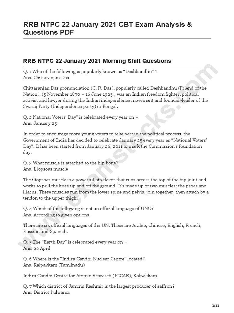 RRB NTPC 22 January 2021 Question Paper PDF | PDF