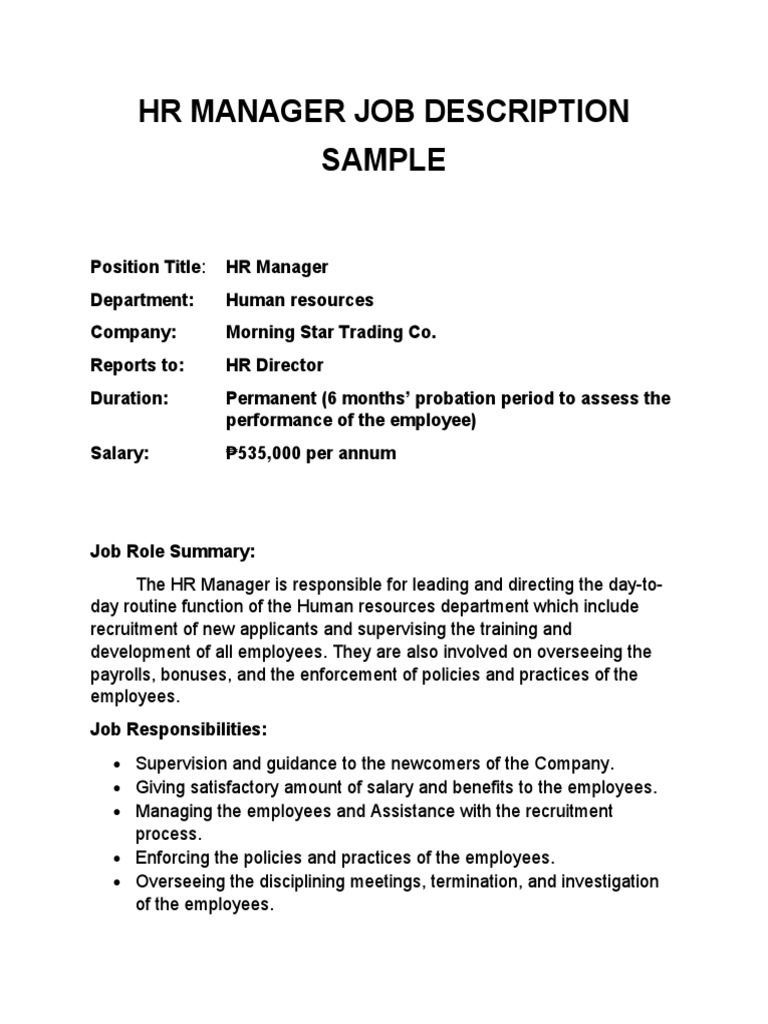 HR Manager Job Description and Specification PDF