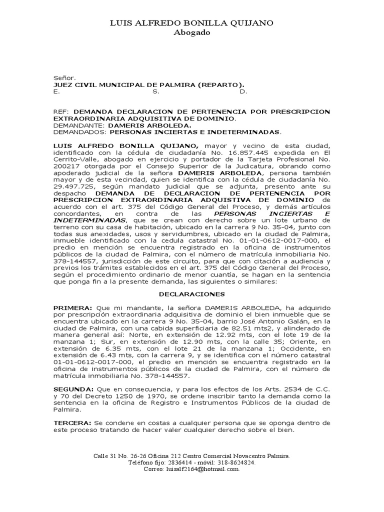 Demanda de Pertenencia Dameris Arboleda. | PDF | Posesión (Ley) | Propiedad
