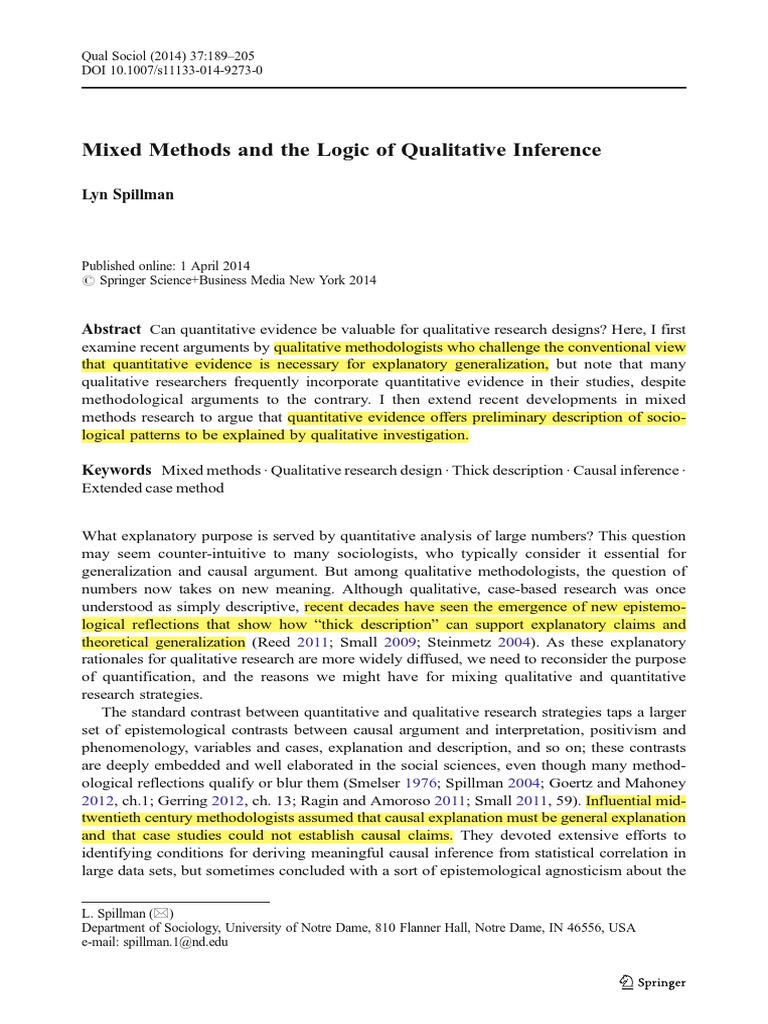 Mixed Methods and The Logic of Qualitative Inference (Spillman) | PDF ...