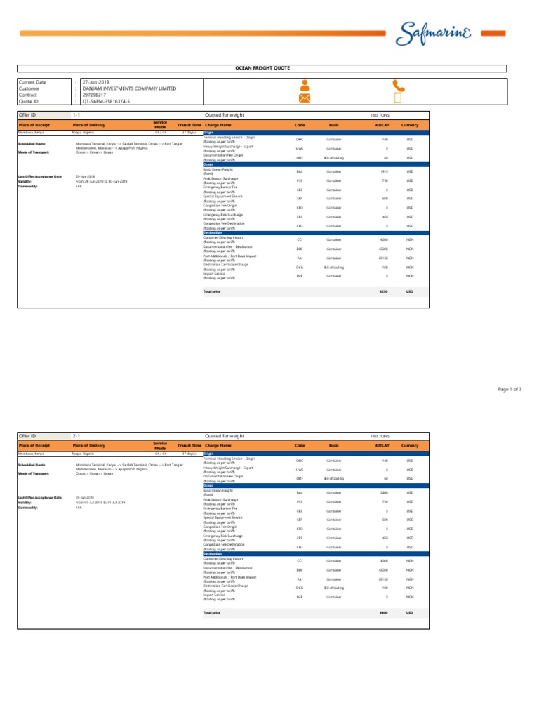 Safmarine Ocean Freight Quote Details | PDF | Cargo | Fee