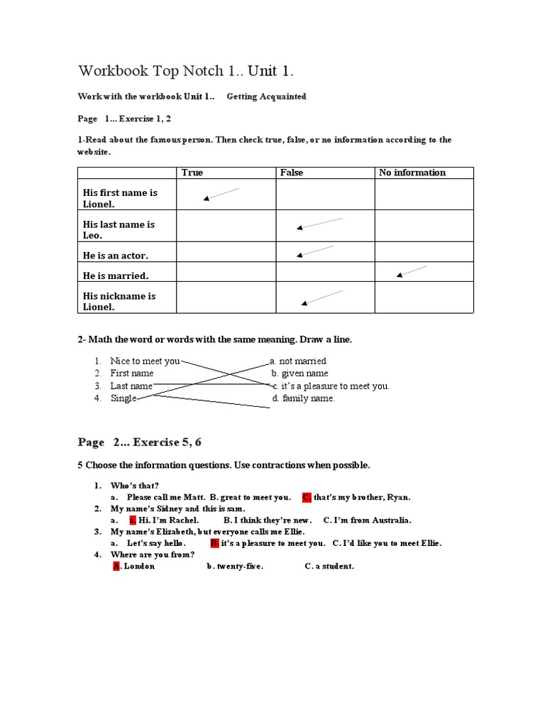 Workbook Top Notch 1.. Unit 1 PDF