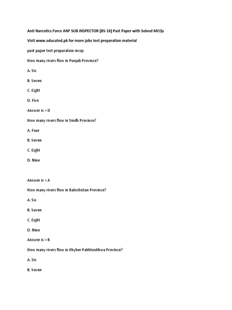 ANF Sub Inspector Past Paper MCQs | PDF | Indus River | Pakistan
