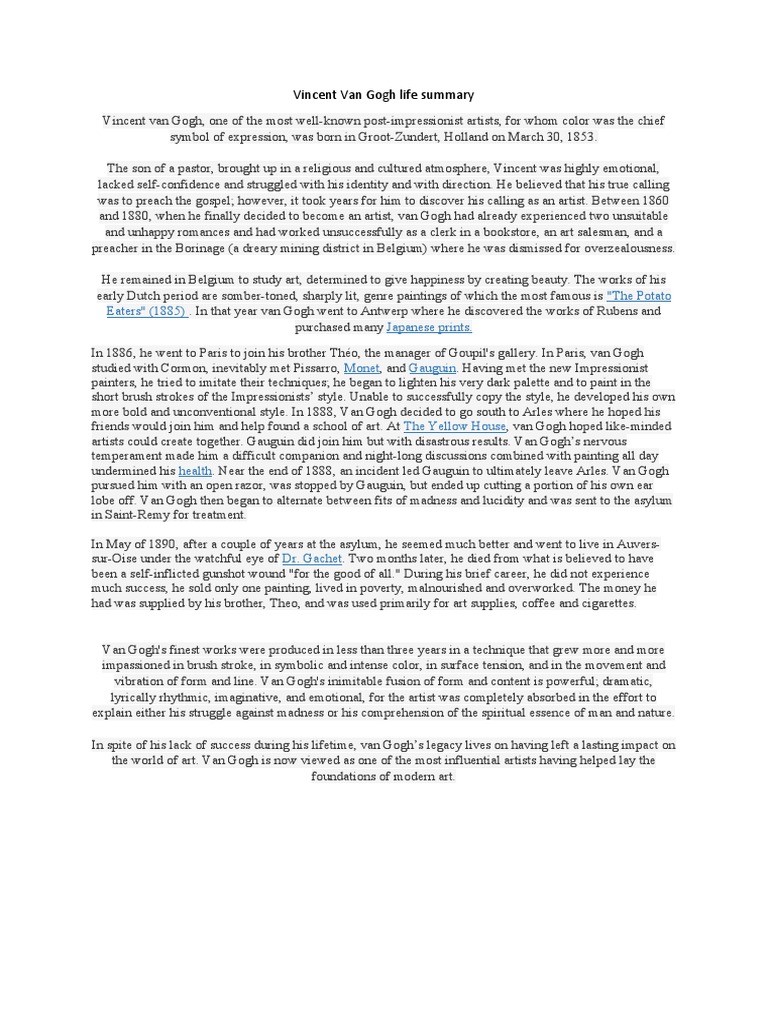 Vincent Van Gogh Life Summary PDF Vincent Van Gogh Paintings