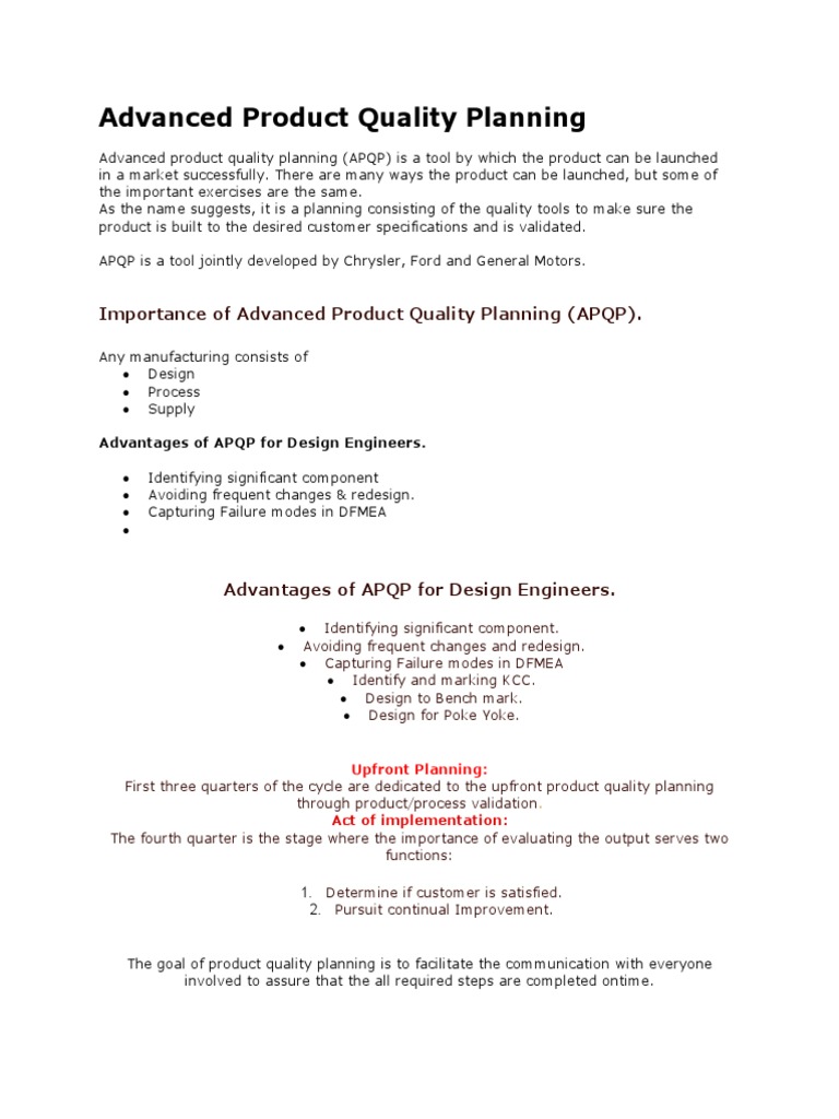 Advanced Product Quality Planning PDF Evaluation Production And