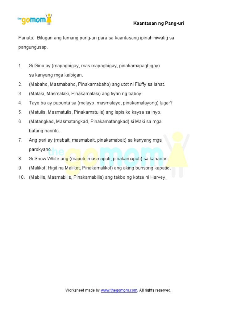 pang uri kaantasan 5 worksheets pdf