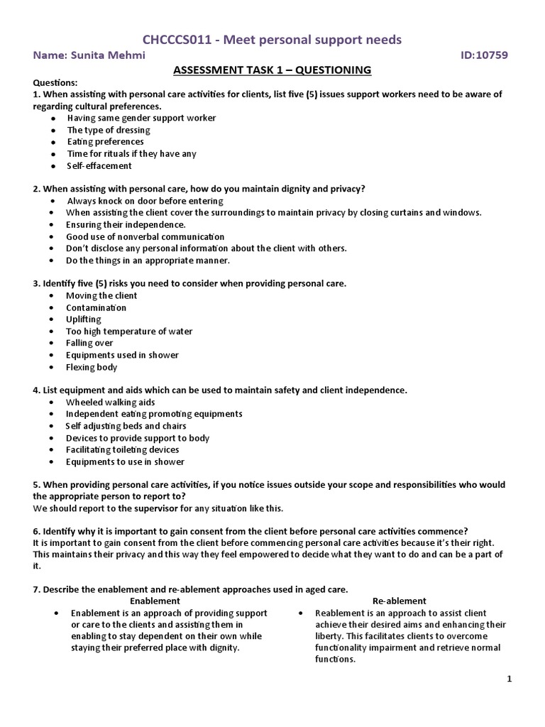 Personal Support Needs in Aged Care | PDF | Self-Improvement