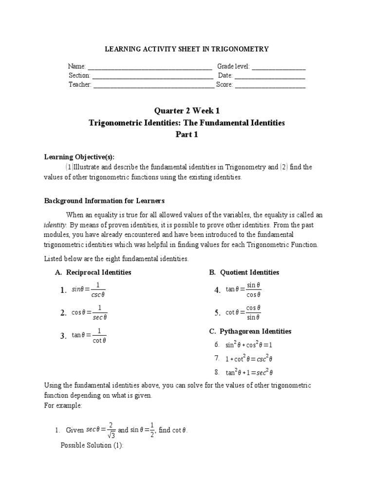 Trigonometric Identities Study Guide | PDF | Trigonometric Functions ...