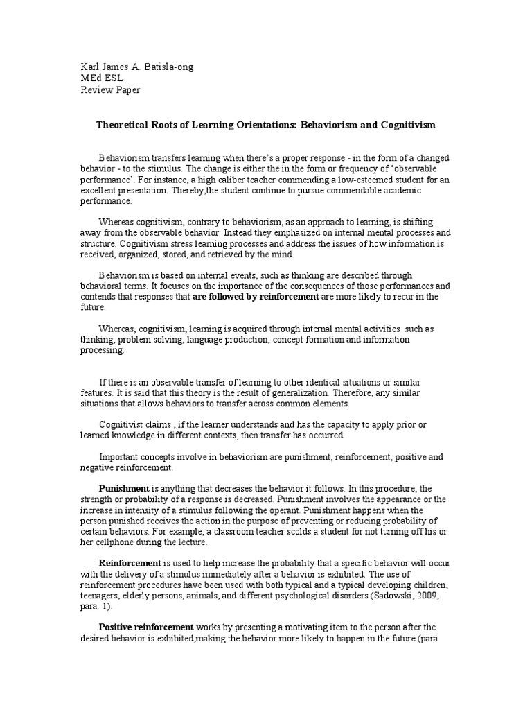 Behaviorism vs. Cognitivism in Learning | PDF | Reinforcement | Behaviorism