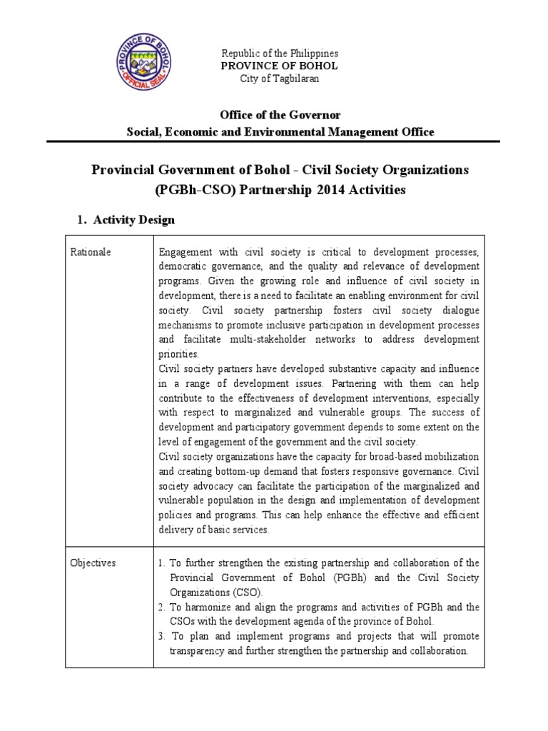 Bohol CSO Partnership Action Plan 2014 | PDF | Governance | Society