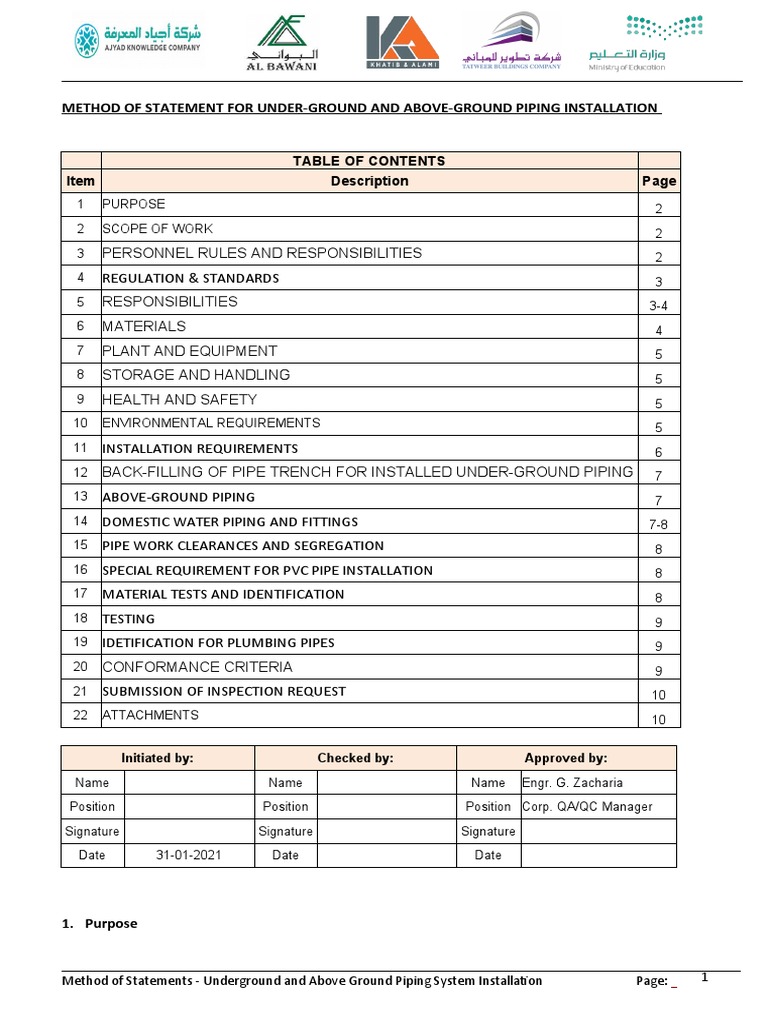 Piping Installation Method Statement | PDF | Pipe (Fluid Conveyance ...