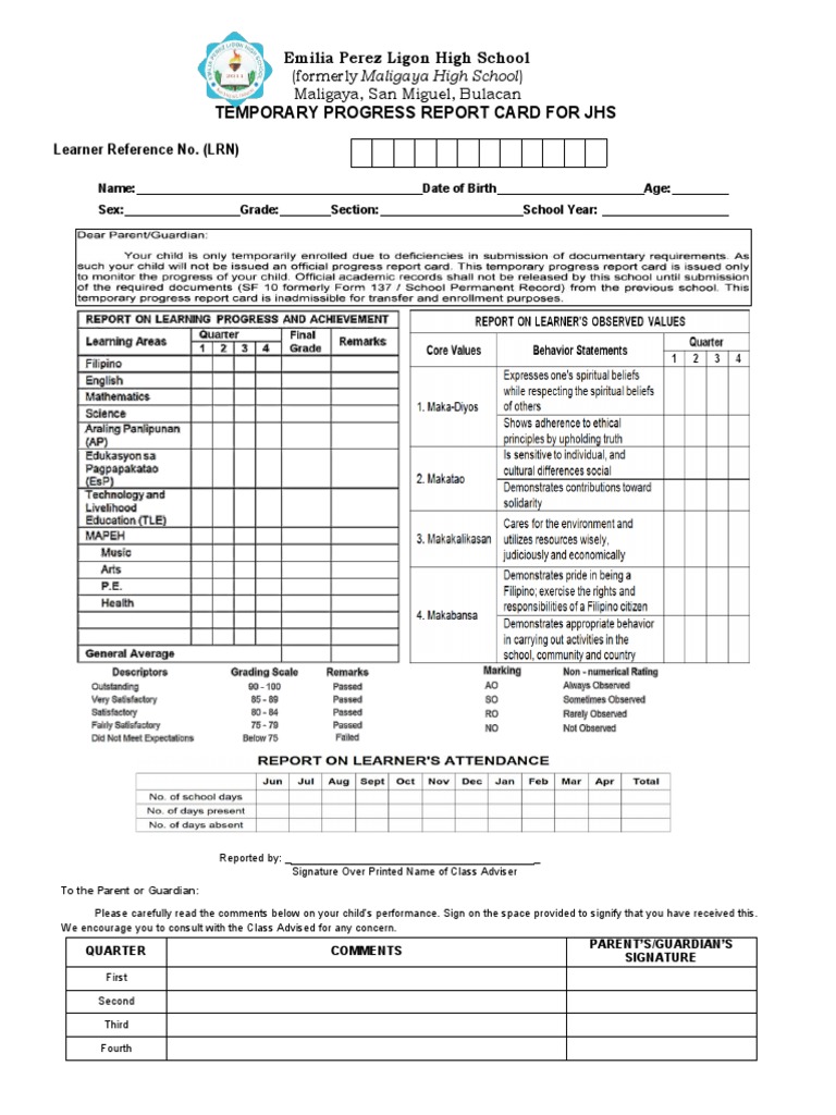 JHS Temporary Progress Report Card | PDF