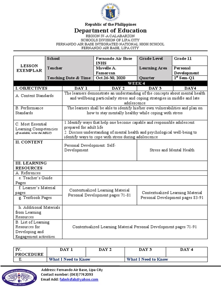 Grade 11 Personal Development Lesson Plan | PDF | Stress (Biology ...