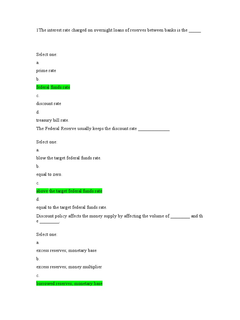 Policy and Central Banking Midterm Quiz 2 PDF Discount