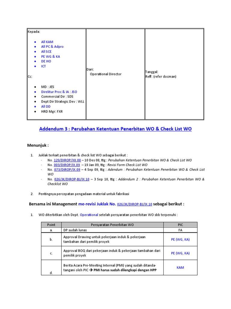 Revisi Penerbitan WO dan Check List | PDF