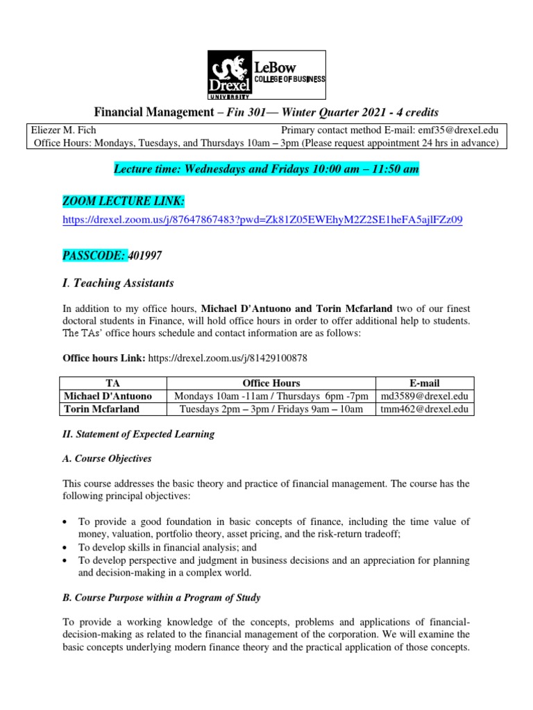FIN 301 Syllabus PDF Valuation Finance Business