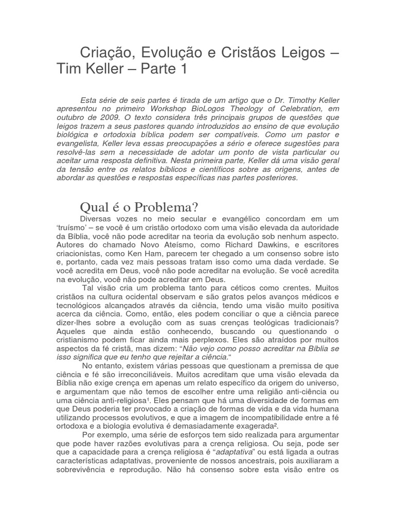 Criação, Evolução e Cristãos Leigos Tim Keller PDF Gênesis (livro) Criacionismo