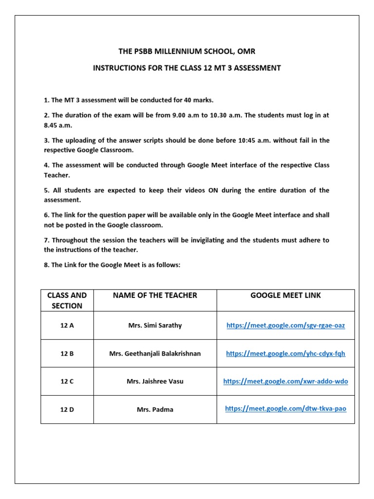 The PSBB Millennium School, Omr Instructions For The Class 12 MT 3 ...