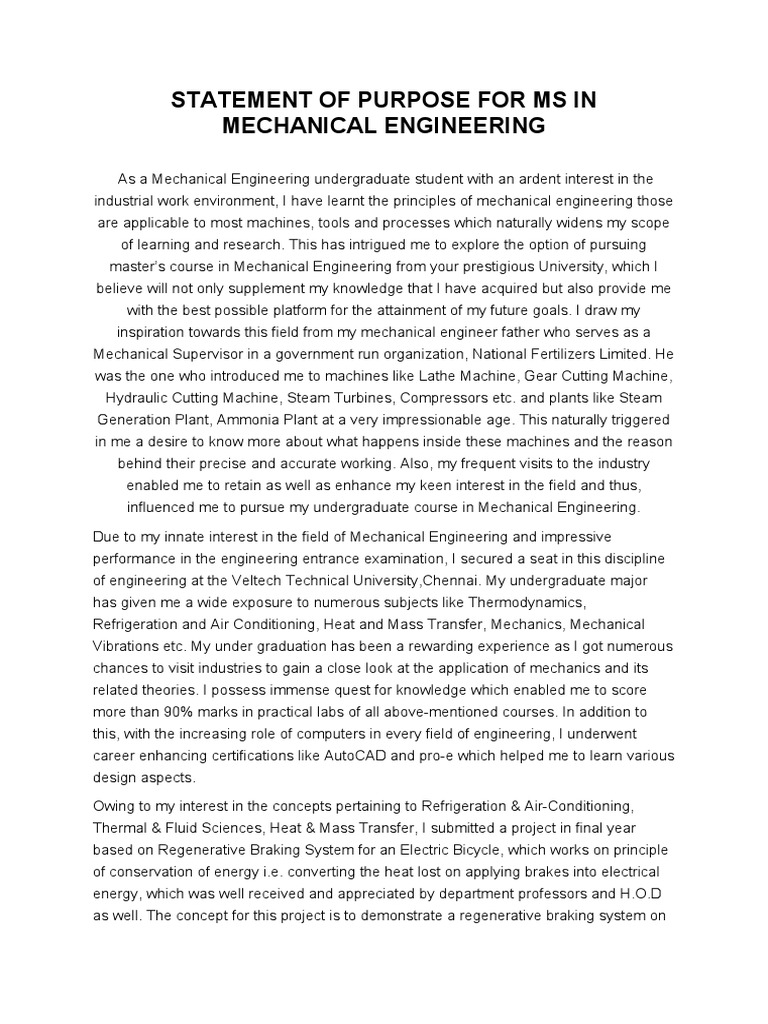 Statement of Purpose For Ms in Mechanical Engineering | PDF ...