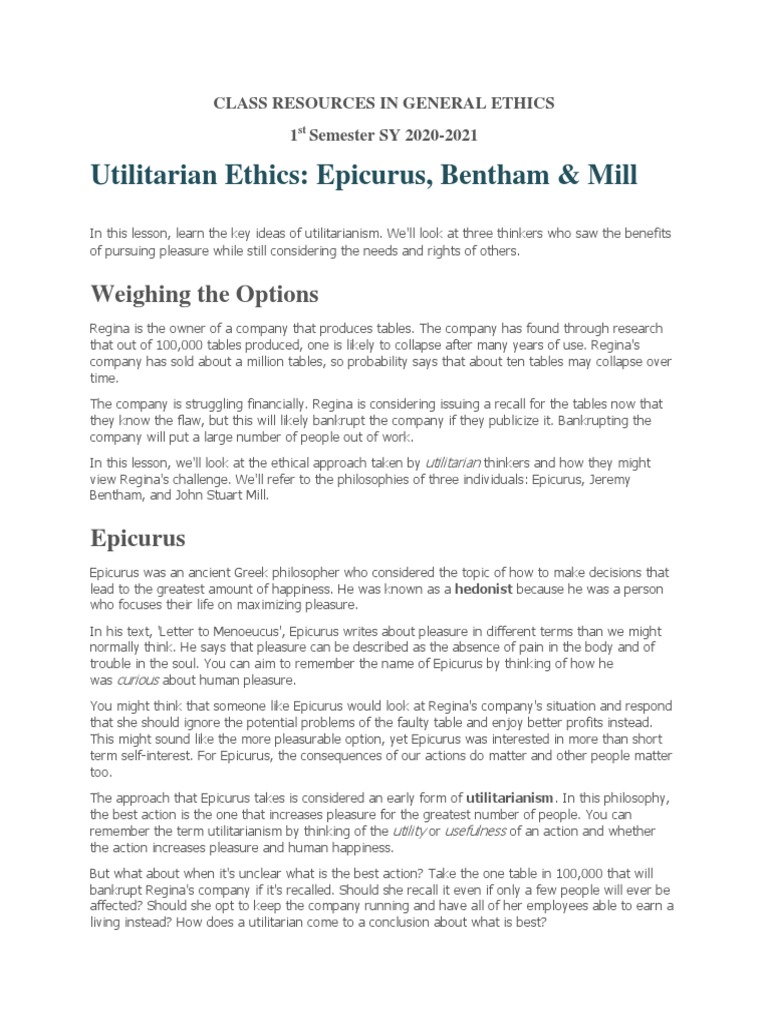 Notes On Utilitarian Ethics | PDF | Utilitarianism | John Stuart Mill