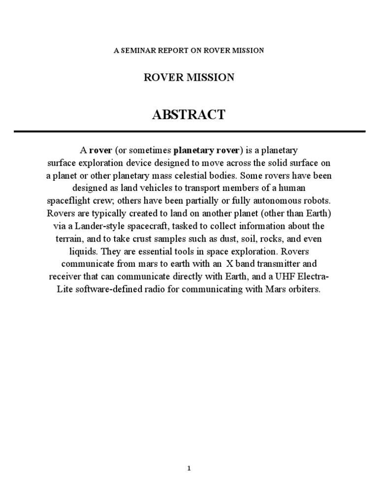A Seminar Report On Rover Mission .1 | PDF | Rover (Space Exploration ...